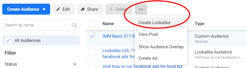 Creating a lookalike audience from a custom audience step 2